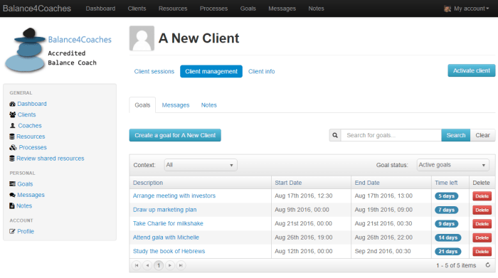 Client goals in user dashboard