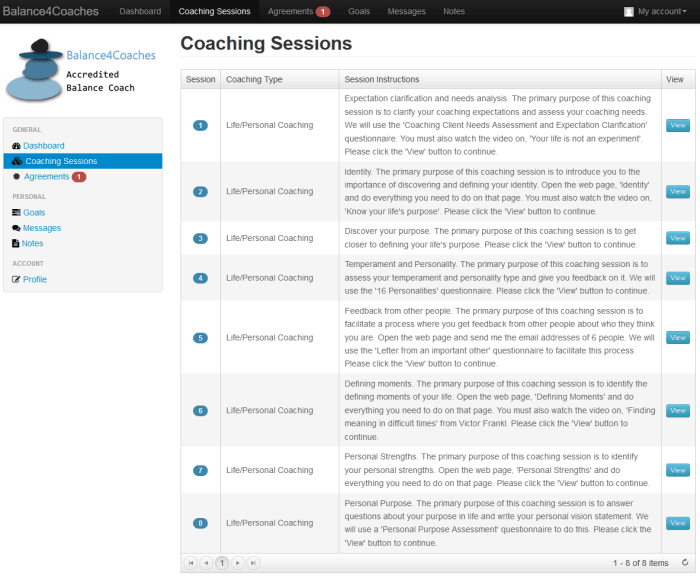 Client's dashboard with coaching sessions