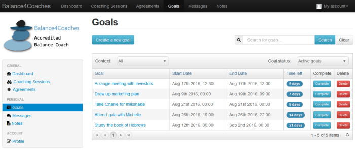 Client's goals on her dashboard